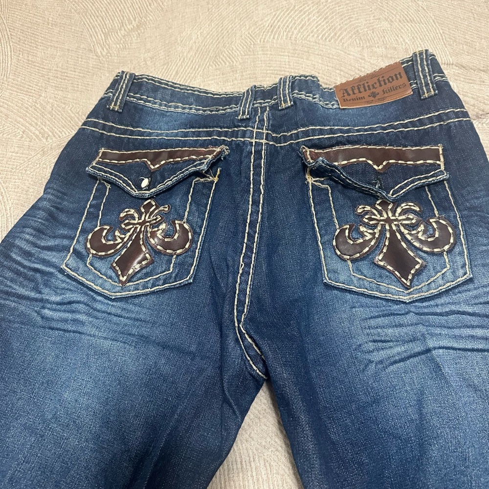 Affliction Blue Bootcut Jeans with Ornate Back Design
